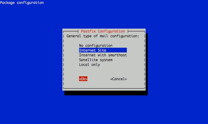 Selecting the Postfix mail server configuration type on a Debian 6 (Squeeze) Linode.